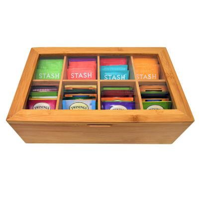 China 8 Compartments Hinged Wooden Storage Box Bamboo Tea Box Storage Organizer for sale