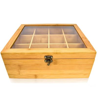 China Transparent Lidded Wooden Box 12 Compartments Wood Tea Box Organizer for sale