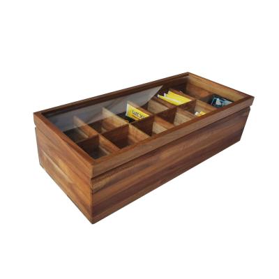 China Adjustable Flat Chest 12 Compartments Wooden Tea Bag Storage Box Glass Top for sale