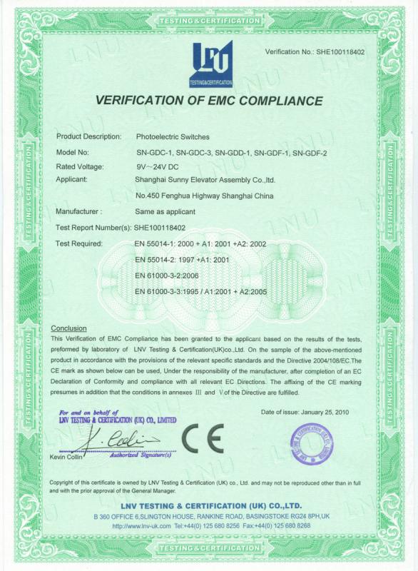 VERIFICATION OF EMC COMPLIANCE - SHANGHAI SUNNY ELEVATOR CO.,LTD