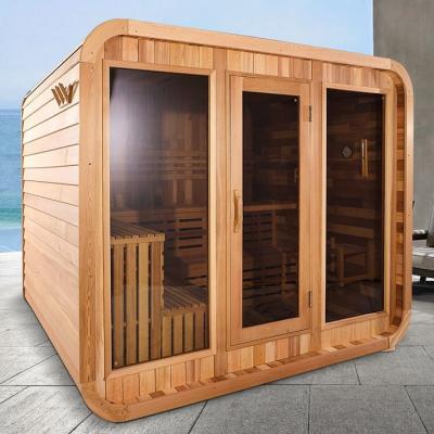 China Sitio rojo de Cedar Wooden Outdoor Cube Sauna de 8 personas con la estufa eléctrica en venta