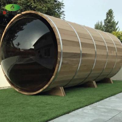 China Panoramic Glass Wood Barrel Sauna Outdoor Home Use Steam Sauna Room for sale