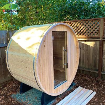 China 5 Person Outdoor Sauna Canadian Cedar Heater Wood Barrel Sauna With Front Porch zu verkaufen