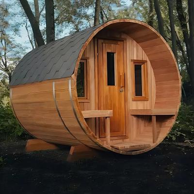 China Outdoor Hotel Solid Wood Thermo Wood Sauna Barrel Computer Control Panel Traditional Sauna en venta