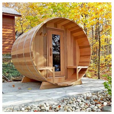 China Custom Outdoor Finland Wood Panoramic Barrel Sauna 4-8 Traditional Wood Fired Barrel Sauna en venta