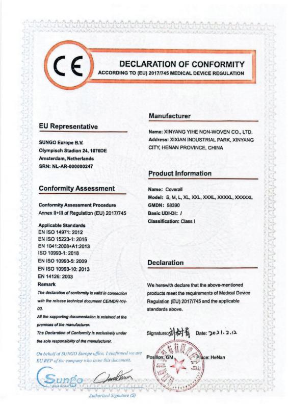 DECLARATION OF CONFORMITY - Xinyang Yihe Non-Woven Co., Ltd.
