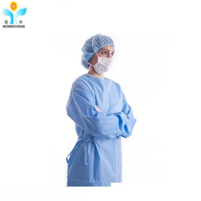 China Medical Blue Disposable Surgical Gown 35gsm Operation Waist 4 ties for sale