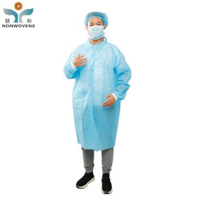 China Mid Length Blue Disposable Lab Coats Resistant Knitted Collar Medical Grade for sale