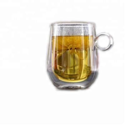 China Heat resistant double wall glass coffee tumbler mug with ring handle for sale