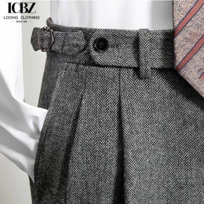 China Customizable Logo Men's Gray Tweed Herringbone Wool Trousers for Business and Casual Wear for sale