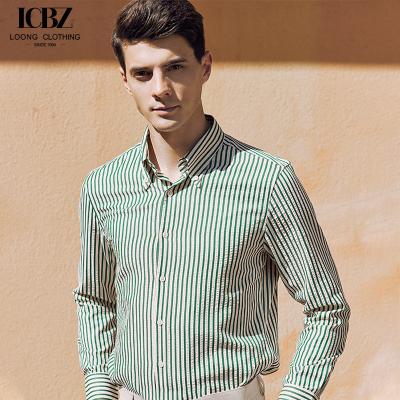 China Customized Green Striped Long-Sleeved Men's Business Formal Shirt for Spring Season for sale
