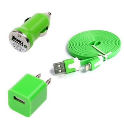 China USB Home AC Wall charger+Car Charger+8 Pin Sync USB Cord for iPhone 5 5S 5C 5G Green for sale