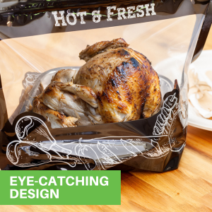 These delivery food bags have a classic black finish and a "Hot and Fresh" printed design.