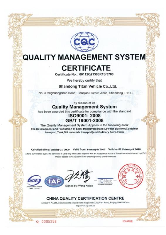 QUALITY MANAGEMENT SYSTEM CERTIFICATE - Shandong Titan Vehicle Co.,Ltd