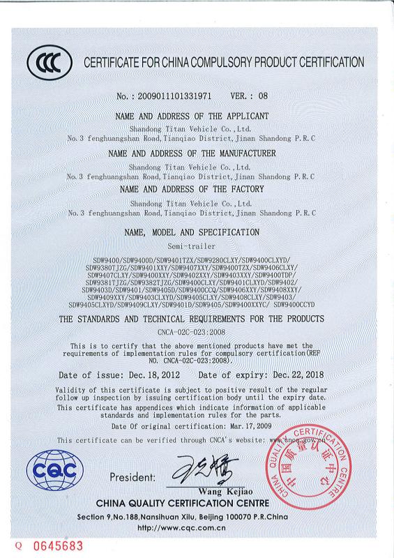CERTIFICATE FOR CHINA COMPULSORY PRODUCT CERTIFICATION - Shandong Titan Vehicle Co.,Ltd