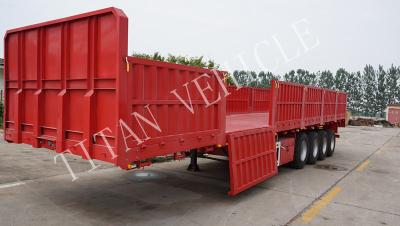 China Flatbed trailer with fence，4 axle flatbed trailer with high sidewall with2 pcs tire carrier,cargo transport semitrailer for sale