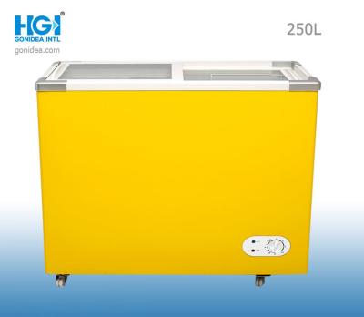 中国 Gonideaはガラス箱のフリーザー冷却装置250lを8.8 Cu ftの白い黄色曲げた 販売のため