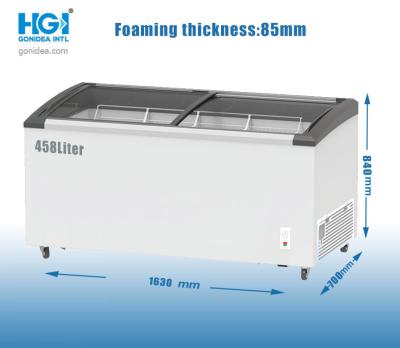 China Congelador profundo da caixa do gelado da loja 458 litros que deslizam o congelador de vidro curvado à venda