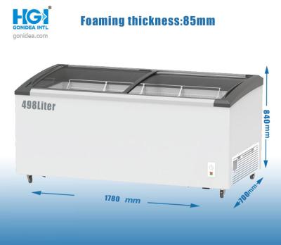 China Gleitendes Glas freies Kasten-Tiefkühltruhe 498 Liter-Frosts mit Verschluss Soem SASO zu verkaufen
