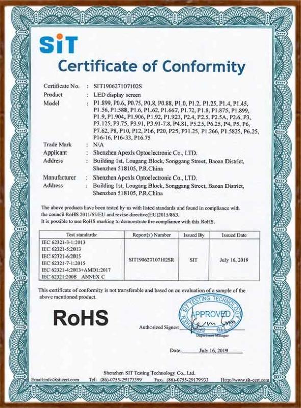 ROHS-LED display screen Certificate of Conformity - Shenzhen Apexls Optoelectronic Co.,LTD