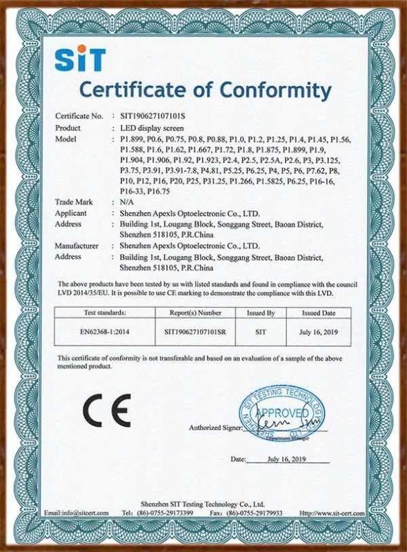 LVD-LED display screen Certificate of Conformity - Shenzhen Apexls Optoelectronic Co.,LTD