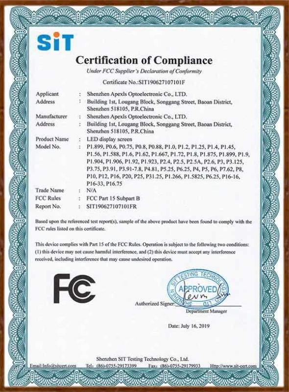 FCC-LED display screen Certificate of Conformity - Shenzhen Apexls Optoelectronic Co.,LTD