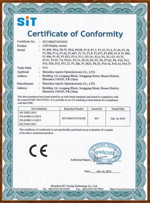 CE-LED display screen Certificate of Conformity - Shenzhen Apexls Optoelectronic Co.,LTD