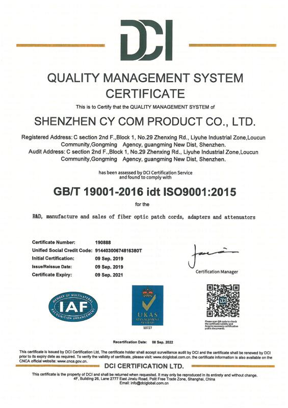 ISO9001:2015 Certification - Shenzhen CY COM Product Co., Ltd