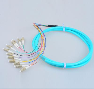 China 12 fibers breakout fiber optic pigtail LC/UPC multimode OM3 50/125 aqua LSZH cable for sale