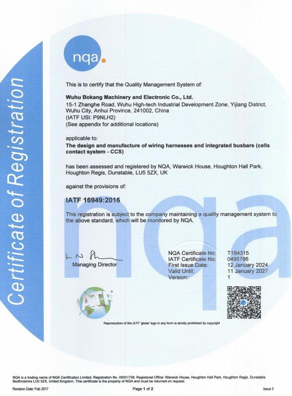 IATF 16949 - Wuhu Bokang Machinery & Electronic Co, Ltd.