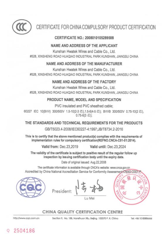 Certificate for China Compulsory product certification - HWATEK WIRES AND CABLE CO.,LTD.