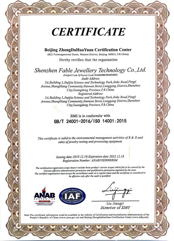 GB/T 24001-2016/ISO 14001:2015 - Shenzhen Fable Jewellery Technology Co., Ltd.