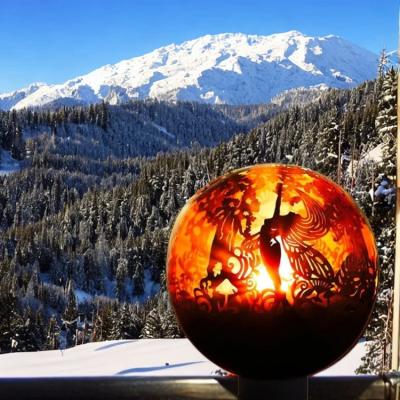 China Garden Wood Fuel fire sphere Outdoor Steel Fire Pit In Wooden Box for sale