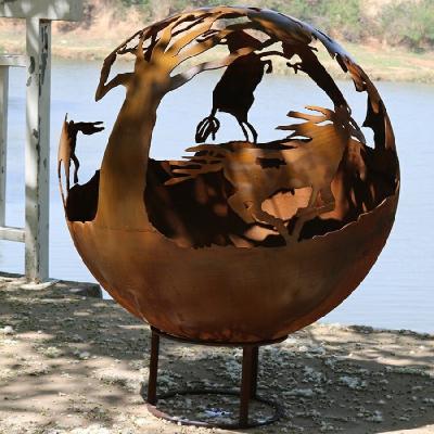 China Outdoor 6mm Thick Rusted Steel Fire Pit Balls Sphere Packing Wooden Box for sale