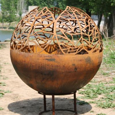 China Outdoor Sphere Corten Steel Fire Pit 80cm Stoves Packed In Wooden Box for sale