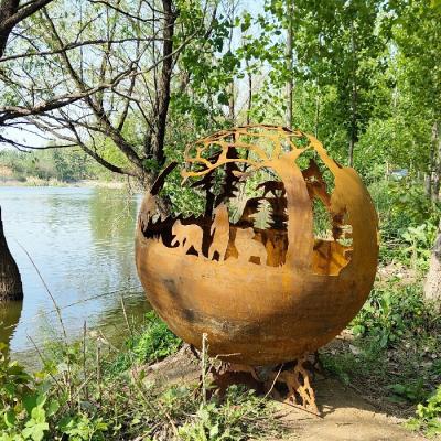 China Corten Steel Sphere Outdoor Fire Pit Rustic Red Wood Burning Fire Pit Table for sale