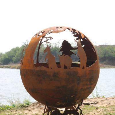China Outdoor Fire Ball Corten Steel Sphere Round Fire Pit With Manual Ignition for sale