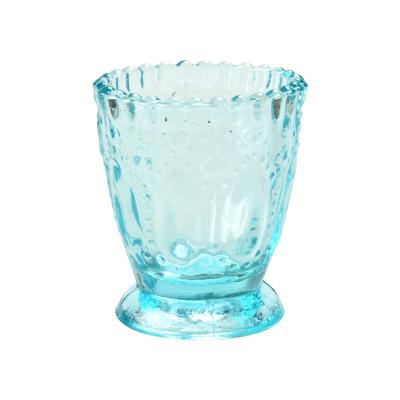 China Recycled Blue Glass Candle Jars Ribbed 4OZ Small Coloured Glass Candle Holders for sale