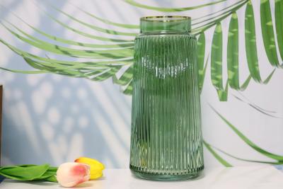 China Green Fluted Vase with Golden Metal Top Glass Vase Home Office Decorative Flower Holder for sale