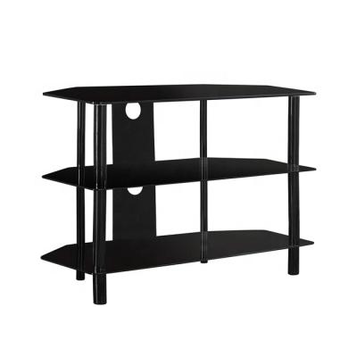 China With 3 Tier Glass Shelf 3 Tiers Black Metal And Glass TV Stand With Storage Glass Shelf for sale