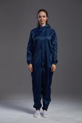 China Antistatic ESD cleanroom coverall dark blue color with hoods zipper open conductive fiber for sale