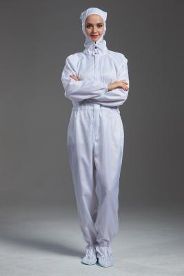 China ESD anti static class 100 cleanroom white color coverall with hood and shoes cover for parmaceutical industry for sale