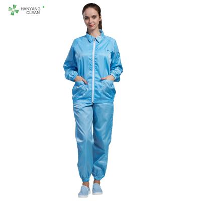 中国 ESDの反静的なcleanroonのジャケットおよびズボンは殺菌の青い色のまっすぐな開いたジッパー様式をautocalved 販売のため
