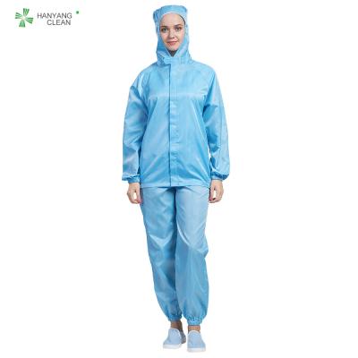 China Blaue Farbstatische Antikleider mit Kapuze Jacke und Hosen autoklavierbar mit leitfähiger Faser zu verkaufen