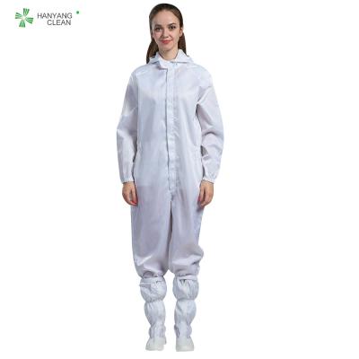 中国 parmaceutical企業のための伝導性繊維とのESDのクリーンルームの帯電防止フード付きのつなぎ服の白い色 販売のため
