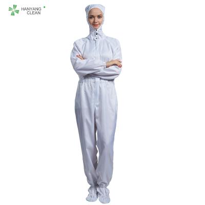 China ESD antistatic sterilized lint-free hooded coverall white color with conductive fiber for class 1000 cleanroom for sale