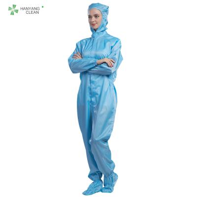 China Anti Static ESD Cleanroom Overall Workwear Blue With Hoods And Face Mask for sale