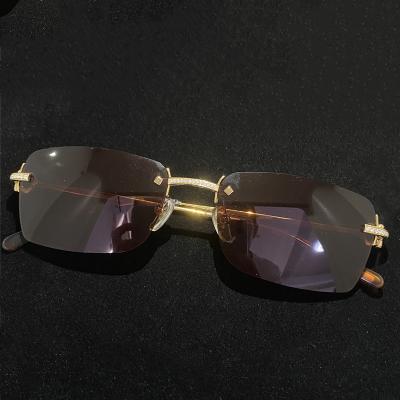 China Stylish Design Solid Gold Hip Hop Gold Glasses Rimless Diamond Cut Sunglasses for sale