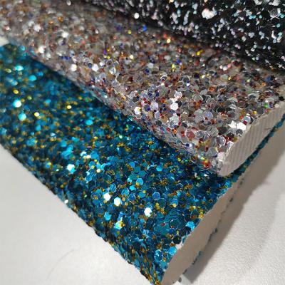 China Eco-friendly  colorful hexagon Grade 3 Chunky Glitter Leather Fabric For wallpaper Shoes bags for sale