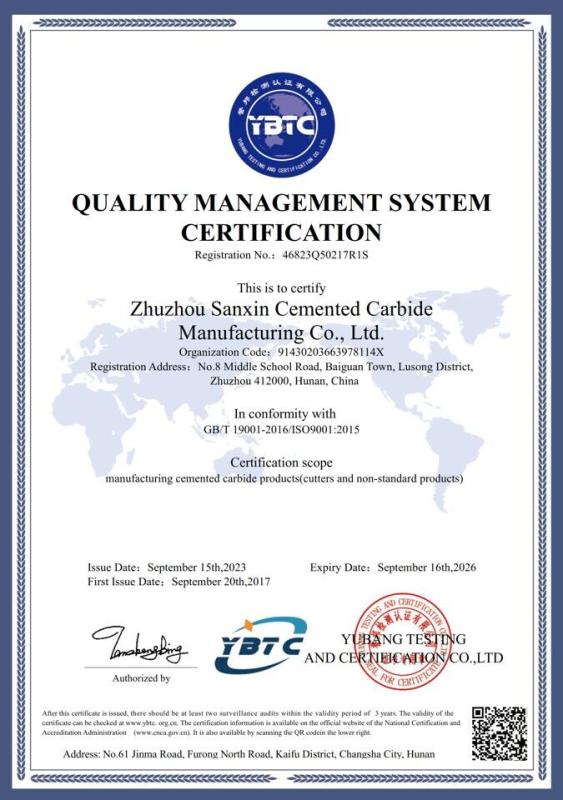ISO9001 - Zhuzhou Sanxin Cemented Carbide Manufacturing Co., Ltd